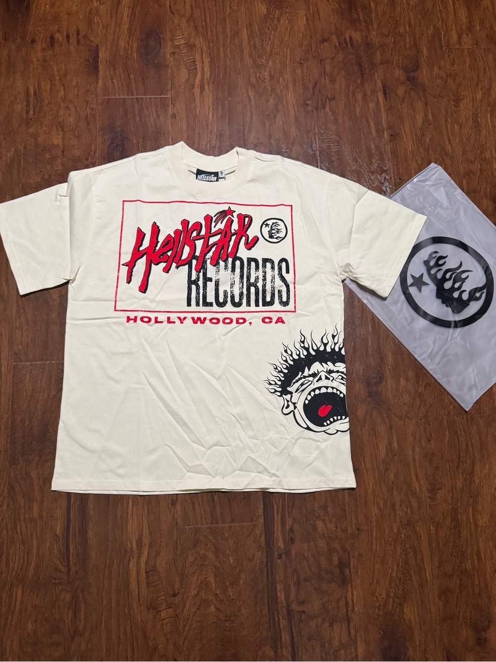Hellstar Cream Short-Sleeve Tee with Red & Black Record Logo